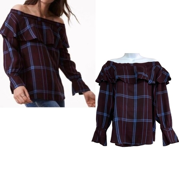 LOFT Plaid Ruffle Off The Shoulder Plum Blouse Medium Flutter Sleeves Grunge - Picture 1 of 13